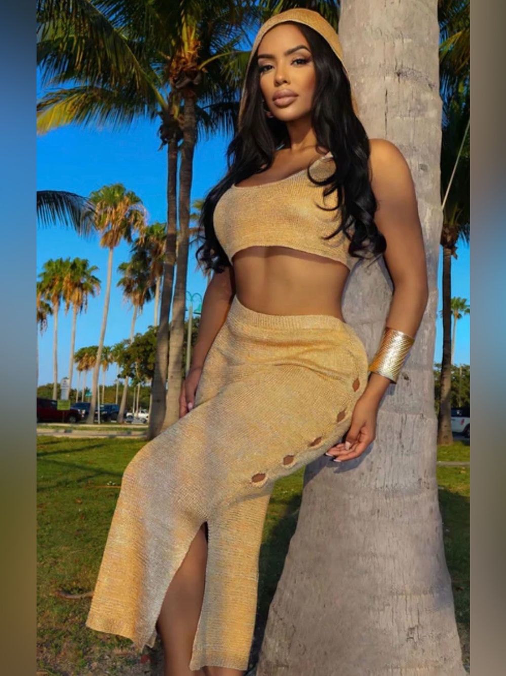 Fashion Nova Gold Knit Two-Piece Maxi Skirt Set